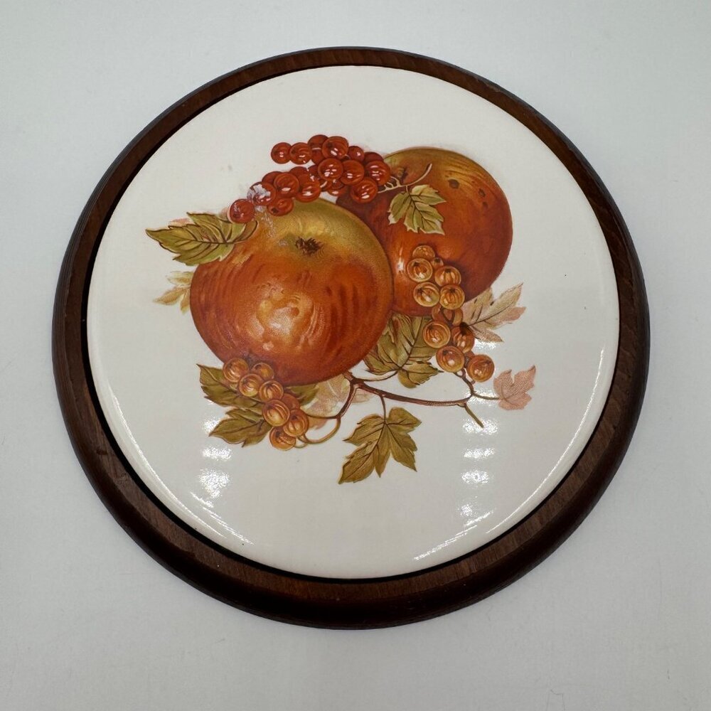 Vintage Ceramic and Wood Trivet with Fruit Design